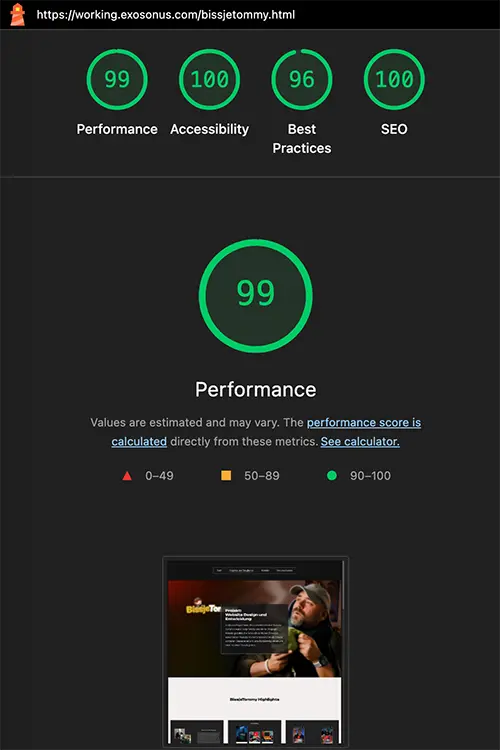 Web-Performance der Subpages mit hervorragenden Ergebnissen: 99 Punkte in Performance, 100 Punkte in Barrierefreiheit, 96 Punkte in Best Practices und 100 Punkte in SEO.