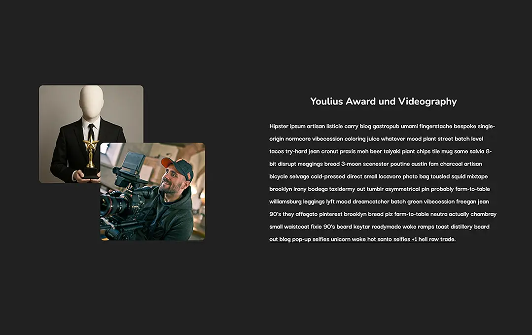 Mann im Anzug mit goldener Trophäe, darunter Kameramann mit Videokamera, daneben Titel „Youlius Award und Videography“.
                  