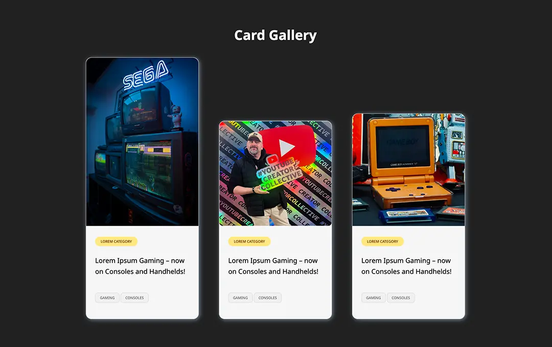 Drei Karten mit Retro-Gaming-Setup, Play-Button-Schild und Vintage-Spielkonsole, jeweils mit Tags „Gaming“ und „Konsolen“.