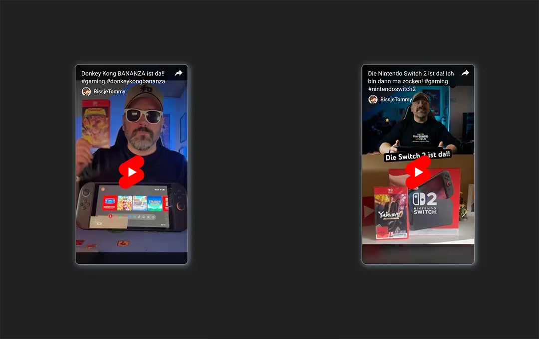 Zwei YouTube-Shorts: Spielhülle „Donkey Kong Bananza“ und Unboxing einer Nintendo Switch 2.