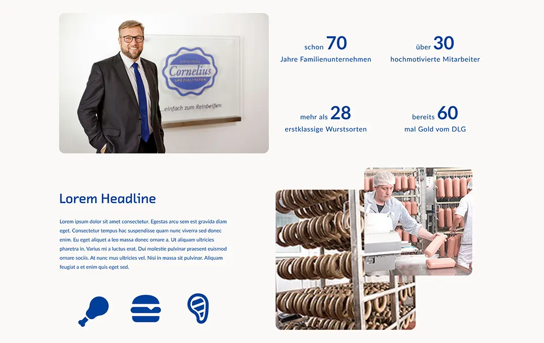 Mann im Anzug neben Firmenschild mit Unternehmenszahlen und Bild eines Mitarbeiters bei der Wurstverarbeitung.