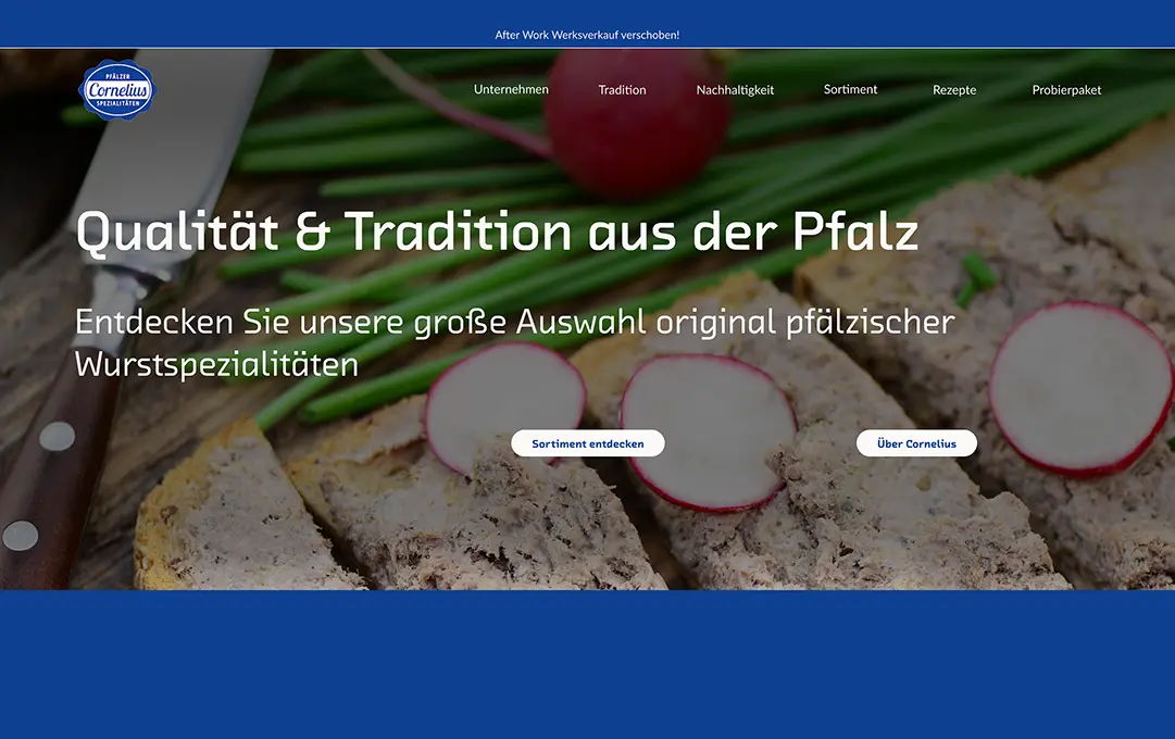 Brot mit Leberwurst und Radieschen vor Frühlingszwiebeln, Text „Qualität und Tradition aus der Pfalz“.
