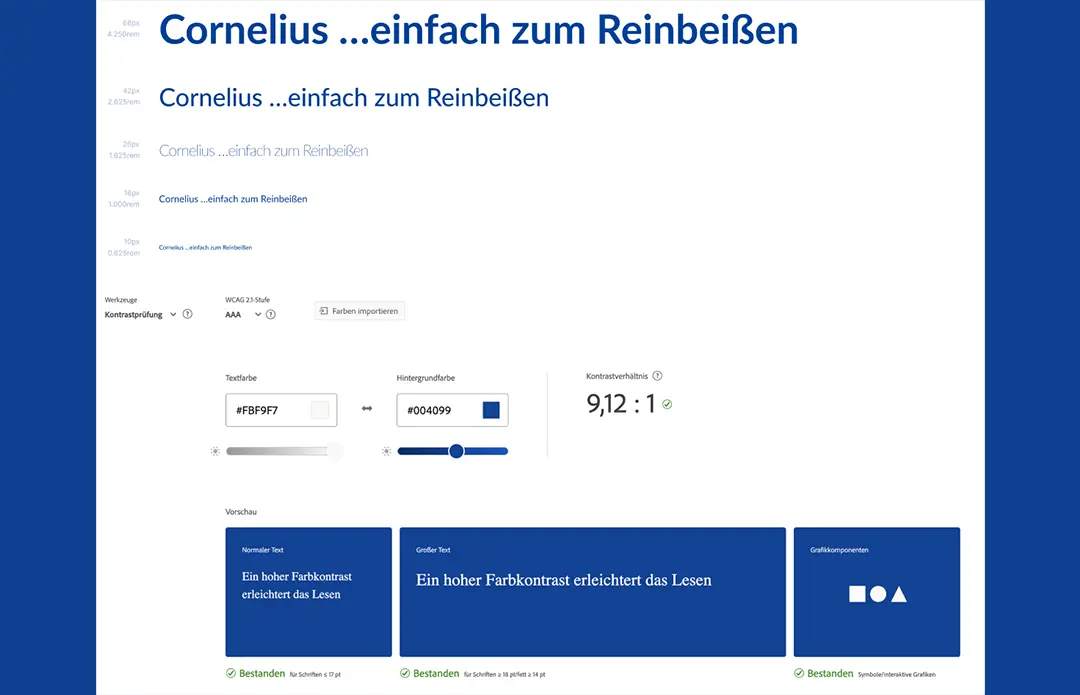 Website mit Farbkontrast-Tool zeigt Kontrastverhältnis 9,12:1 und Text „Cornelius …einfach zum Reinbeißen“.