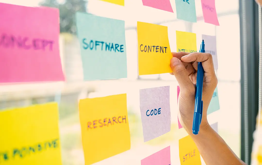 Hand beschriftet bunte Haftnotizen mit Begriffen wie Inhalt, Software und Code.