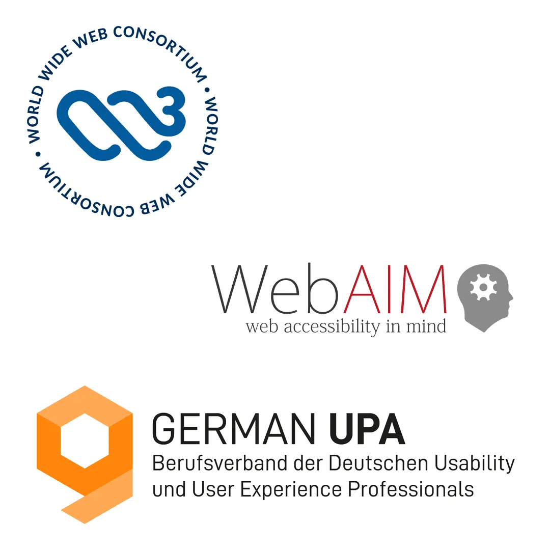 Logos von W3C, WebAIM und UPA als Organisationen für digitale Barrierefreiheit.